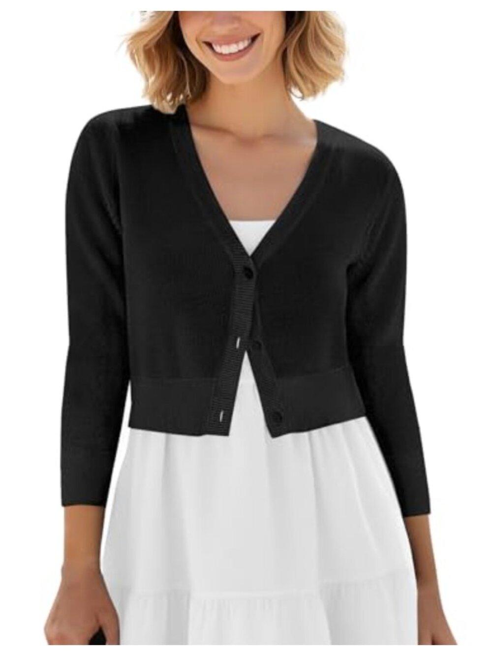 Women's Cropped Knit Cardigan V-Neck Button Down 3/4 Sleeve